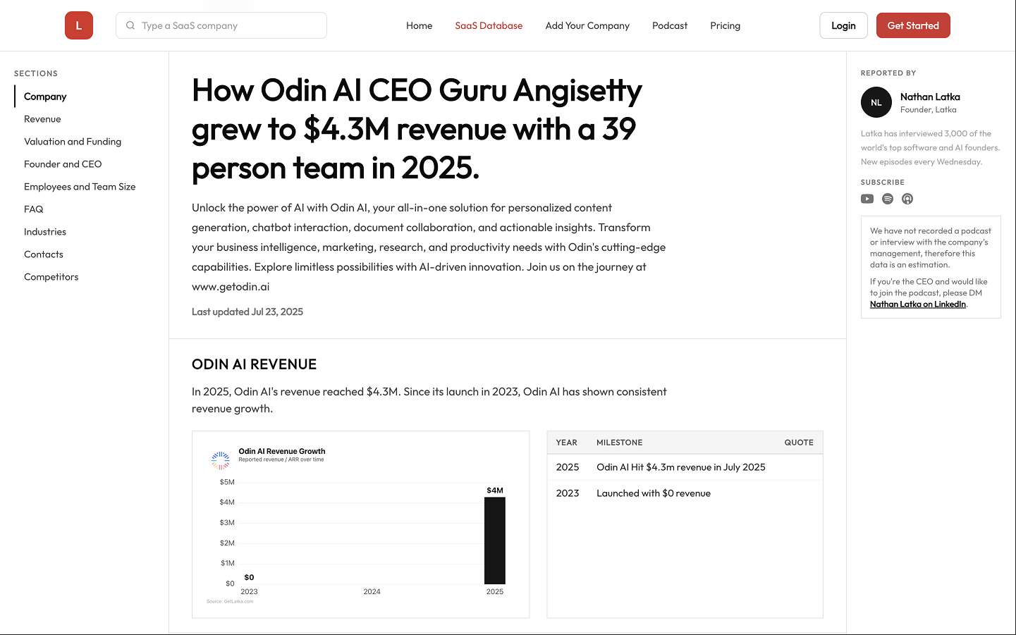 Odin AI revenue growth chart from GetLatka