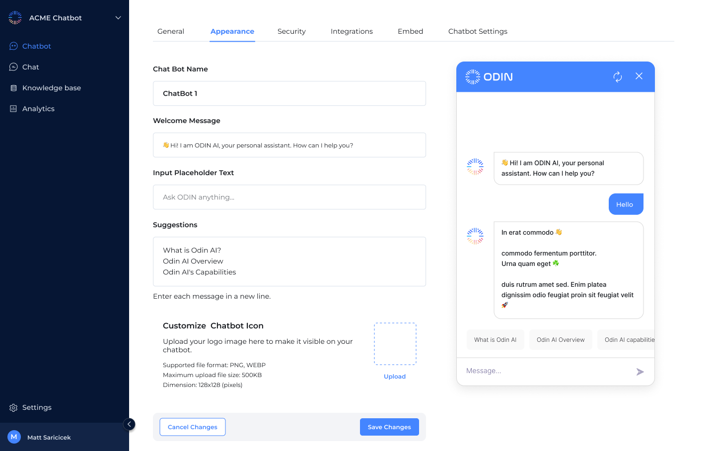Chatbot appearance configuration